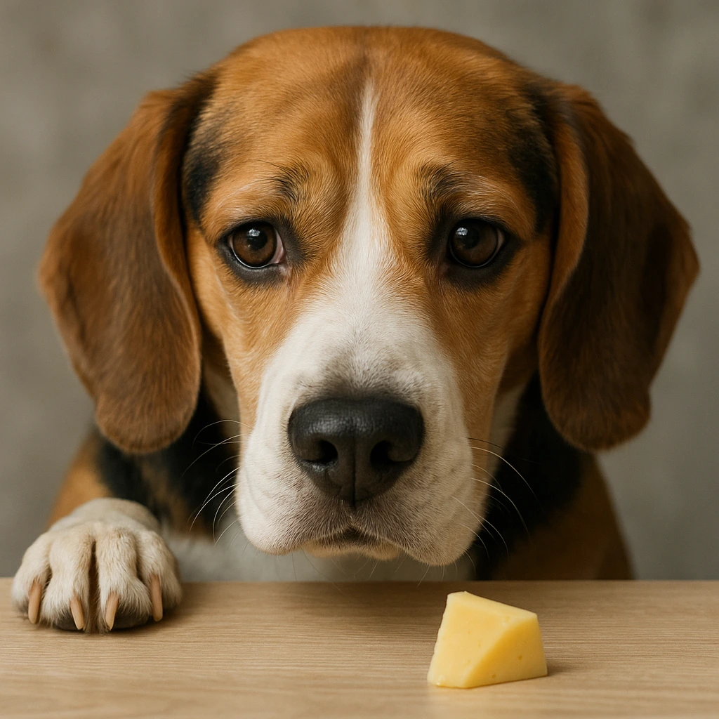 Cane che osserva un pezzo di formaggio su un tavolo senza poterlo mangiare