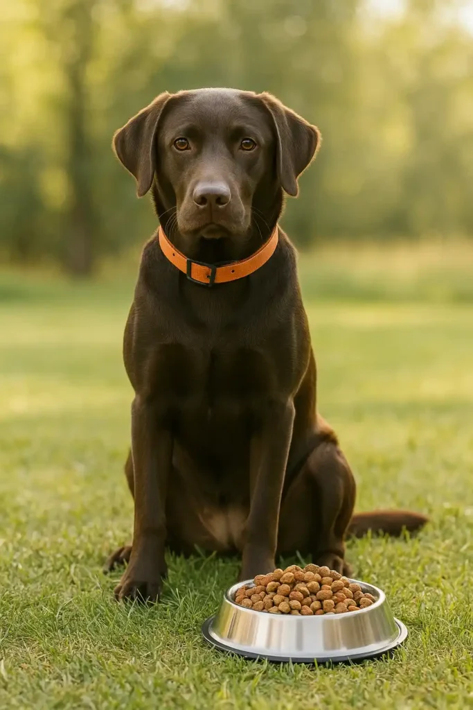 Cane sterilizzato di taglia media che mangia dalla ciotola in cucina, esempio di pasto equilibrato