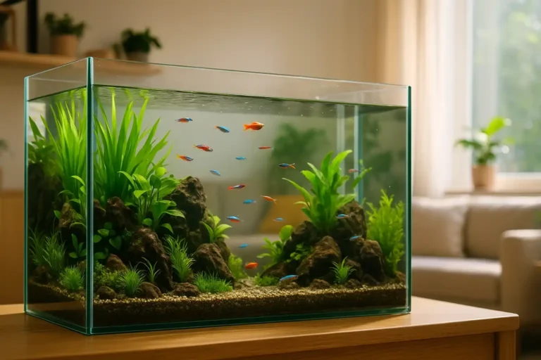 Acquario per pesci d’acqua dolce con piante naturali e pesci tropicali colorati in una casa luminosa