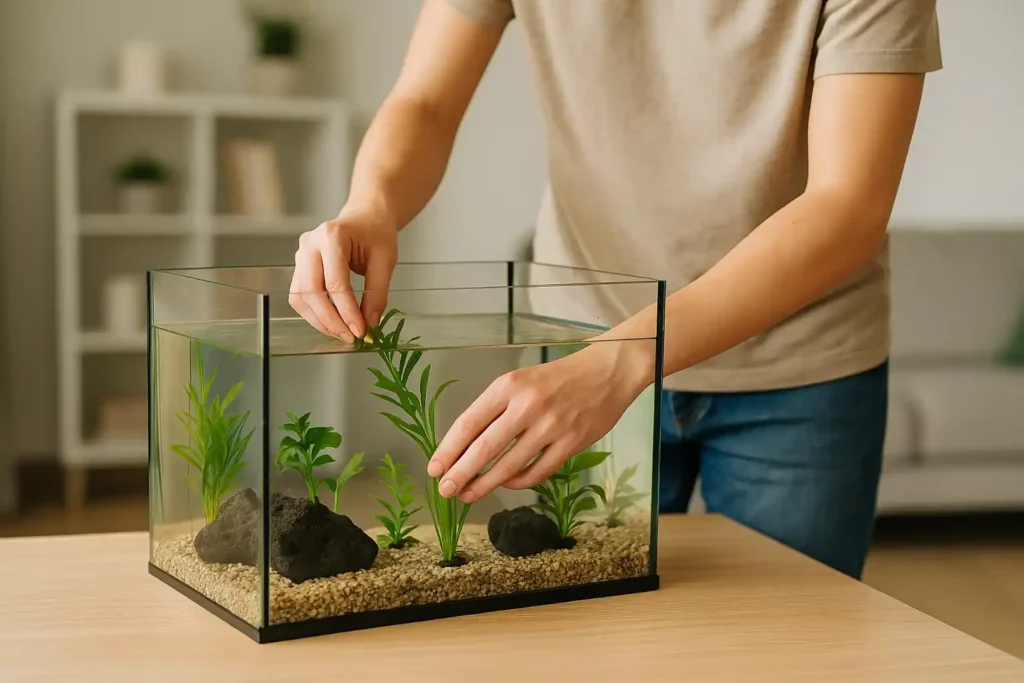 Persona che sistema le piante e la ghiaia durante l’allestimento di un acquario per pesci d’acqua dolce