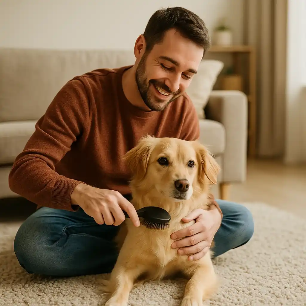 Proprietario che spazzola il proprio cane a casa prima della toelettatura