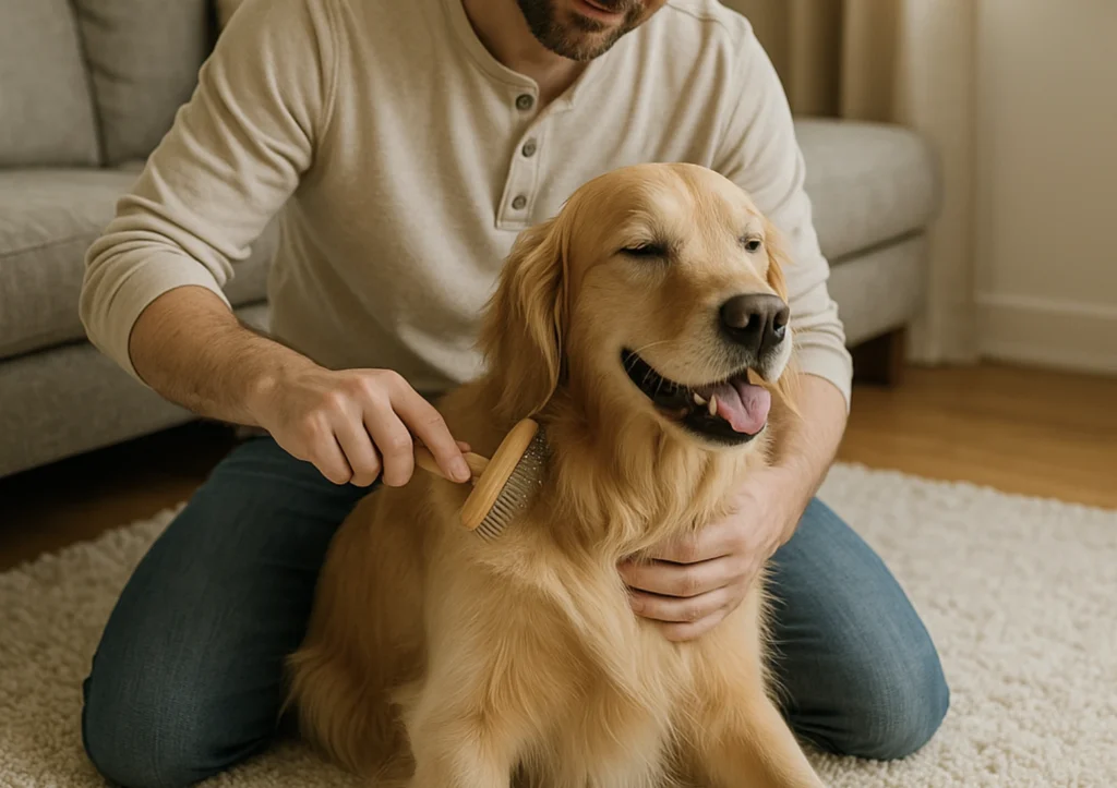 Persona che spazzola il proprio cane con calma in casa, gesto quotidiano di cura per ridurre la perdita di pelo