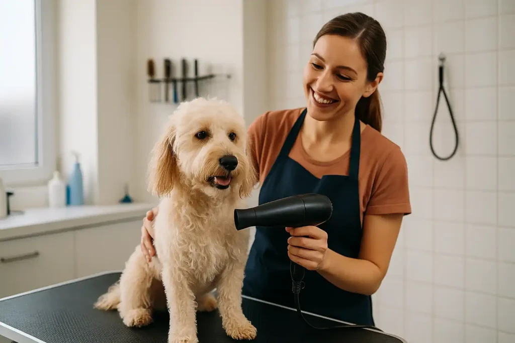 Cane di taglia media durante la toelettatura professionale in un salone pulito e luminoso esempio di una toelettatura cane vicino a me