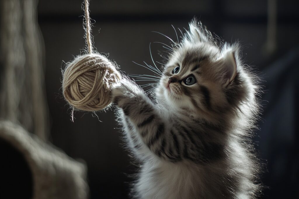 Gattino che graffia una pallina di spago sospesa